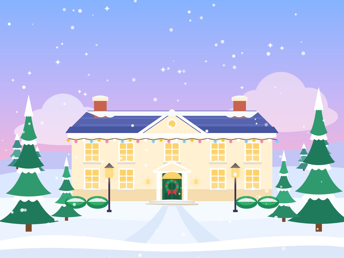 Illustrated country house hotel in the snow with Christmas lights, one of the scenes used in the template collection