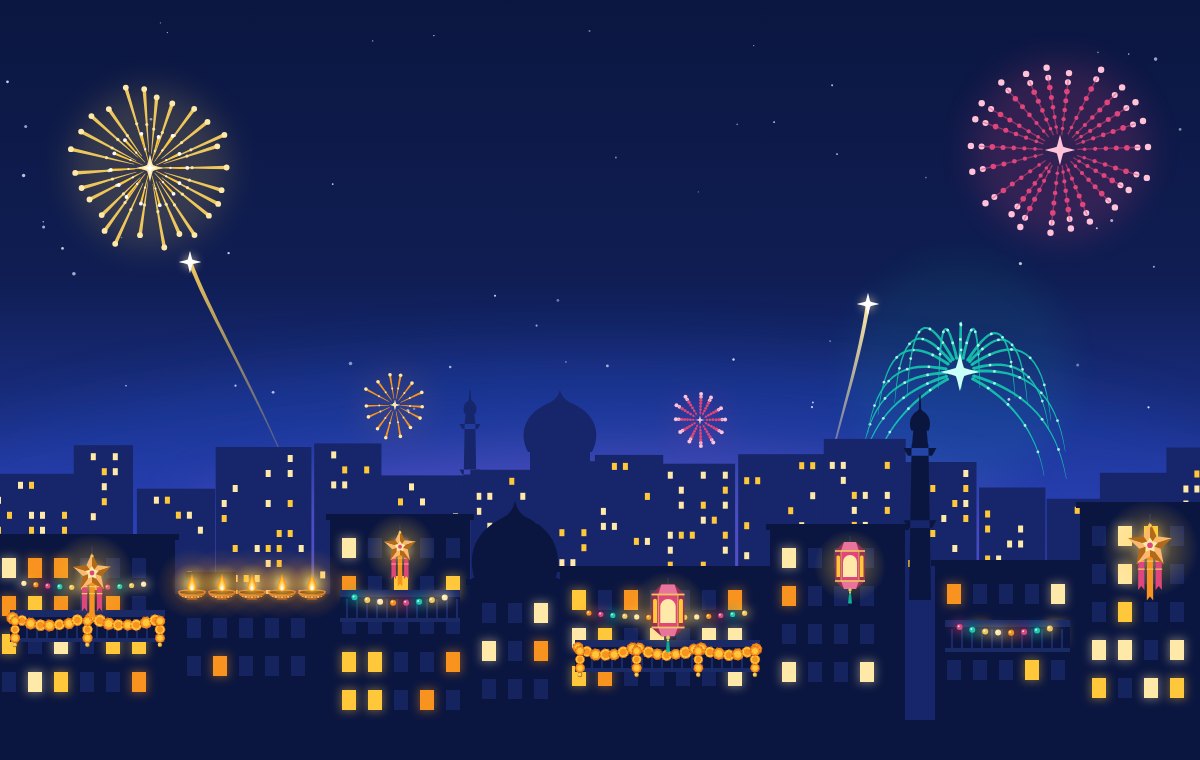 Illustrated city skyline at night with Diwali fireworks, one of the scenes used in the template collection