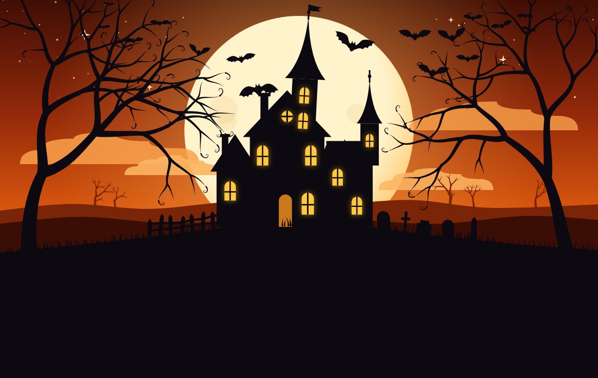 Illustrated Halloween haunted house under a giant moon, one of the scenes used in the template collection