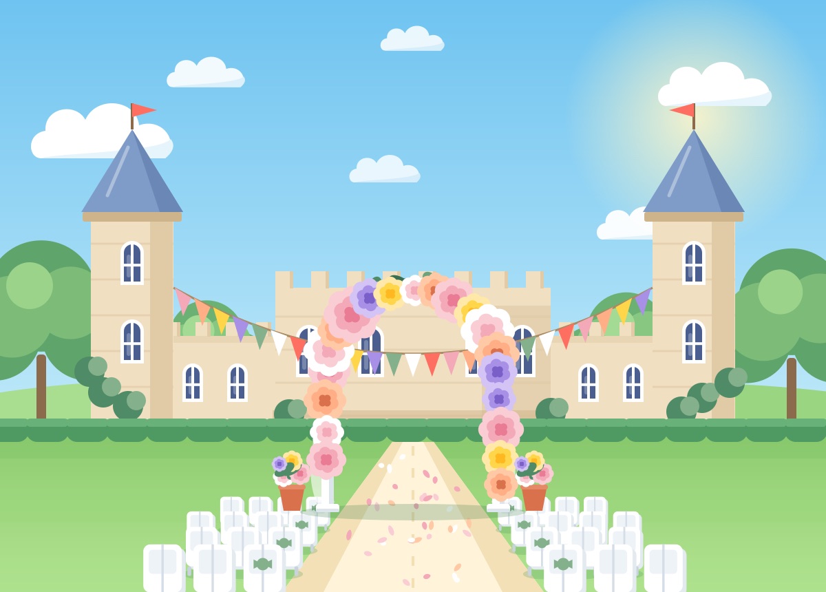 Illustrated castle wedding venue with a flower arch and bunting, one of the scenes used in the template collection